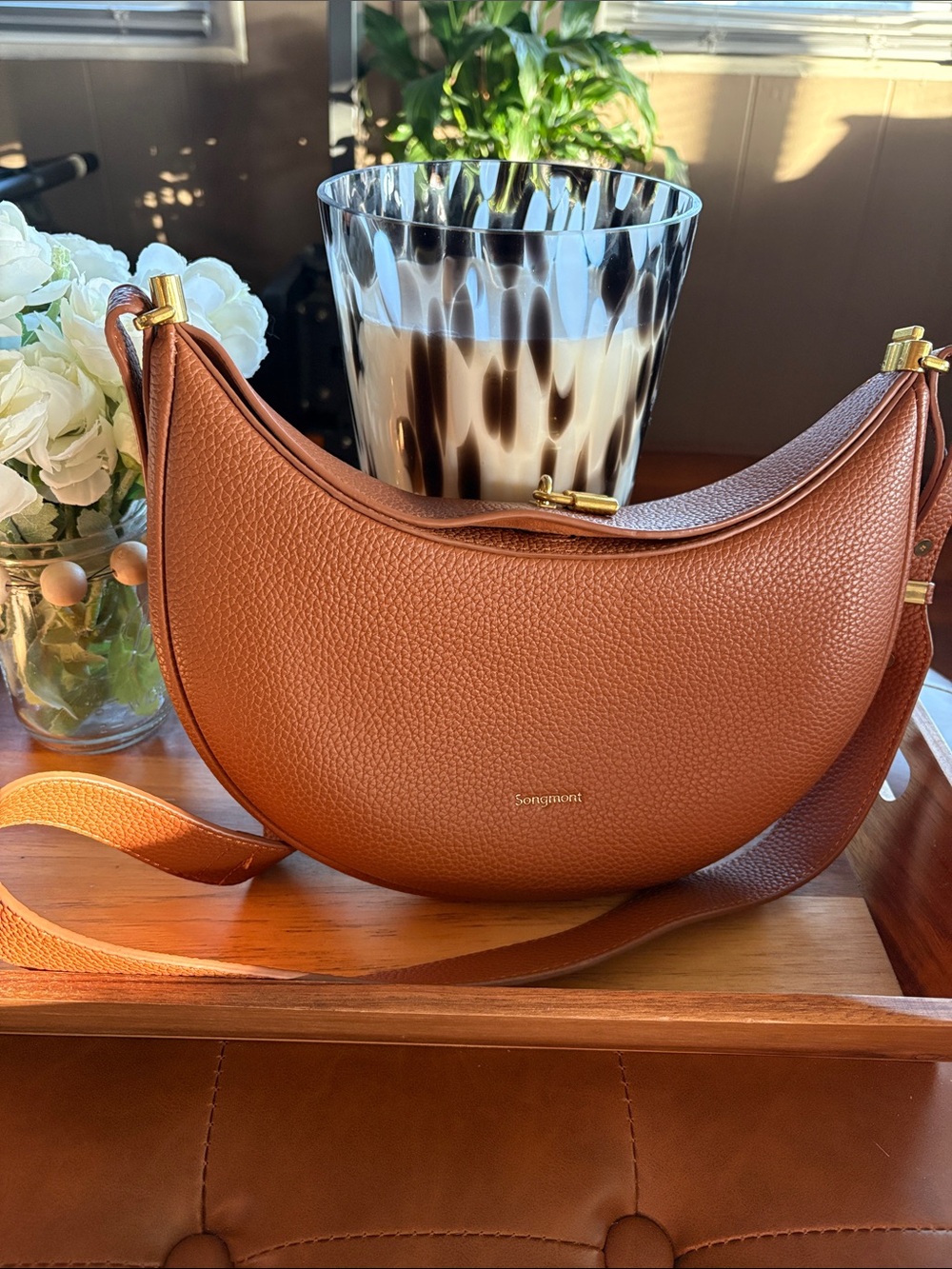 Songmont Tan Crescent Shoulder Bag with Gold Hardware